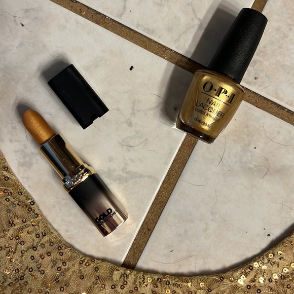 Charlotte Russ Gold sequin party dress. Gold lipstick. Gold nail Polish - Picture 2 of 9